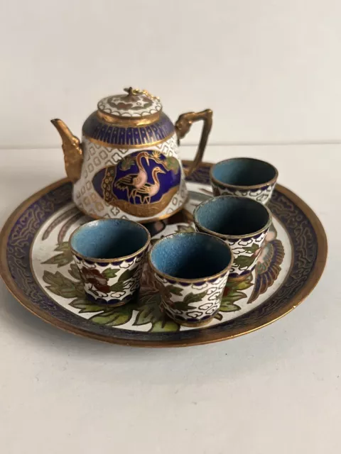 Vintage Cloisonné Brass & Enamel Chinese 6pc Miniature Tea  Set With Lotus Bird