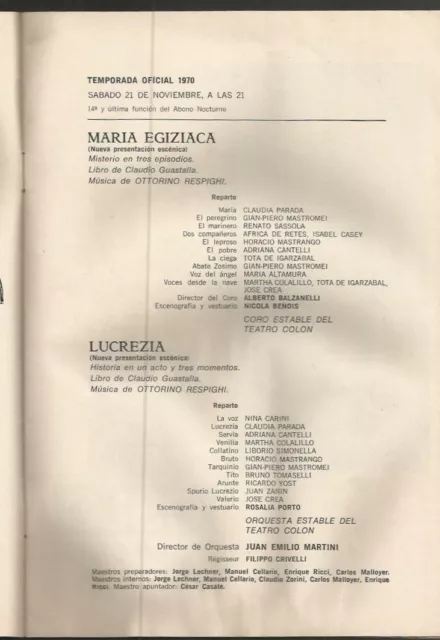 Programme Colon Teather Opera Claudia Parada G P Mastromei 1970
