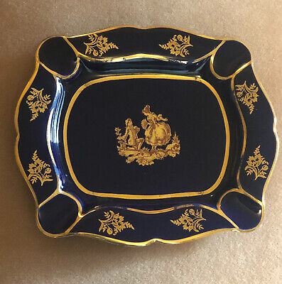 Vintage Limoges Porcelain Colbalt Blue & Gold Ashtray/Trinket Made In France