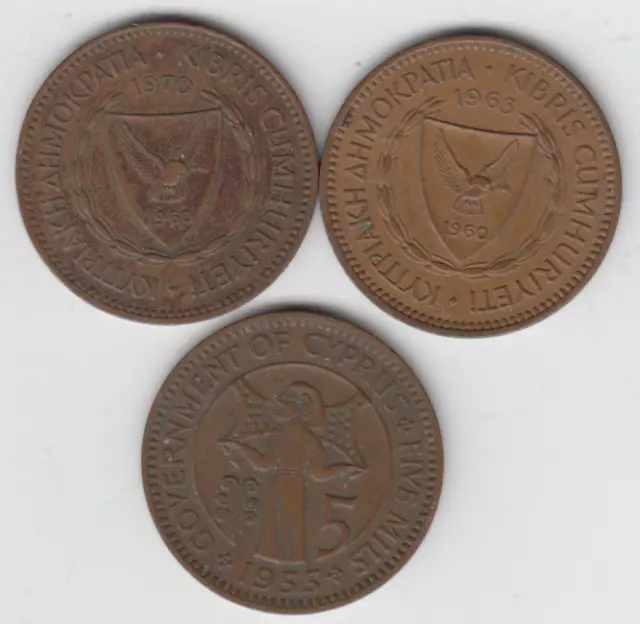 Cyprus 5 Mils 1955, 1963, 1970, lot of 3 as shown