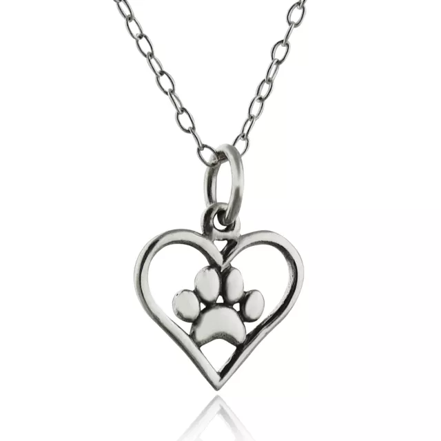 Heart with Paw Print Charm Necklace 925 Sterling Silver Pet Love Dog Cat Gift