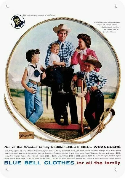 1958 WRANGLER BLUE BELL Rodeo Cowboy JIM SHOULDERS & Family DECORATIVE METAL SIG