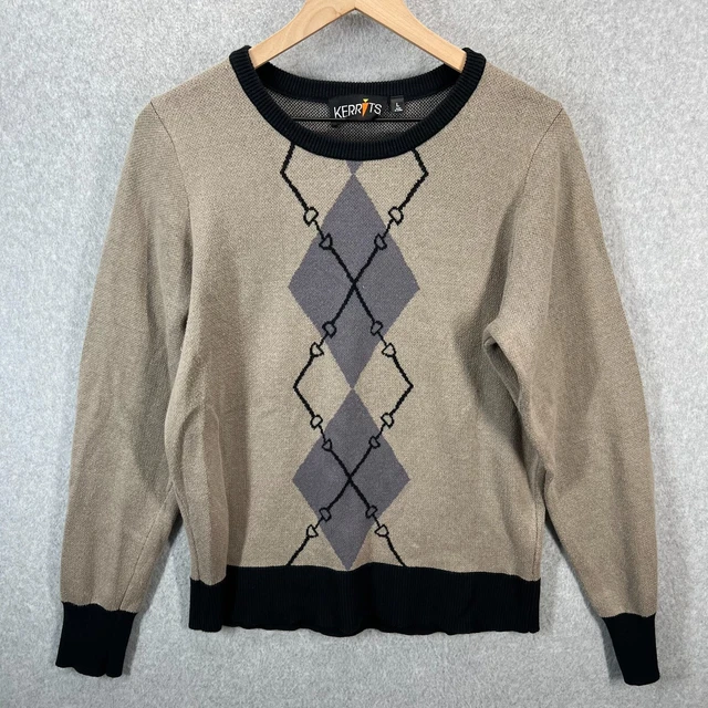 Kerrits Double Diamond Sweater Knit Pullover Crew Black Beige Womens Large EUC