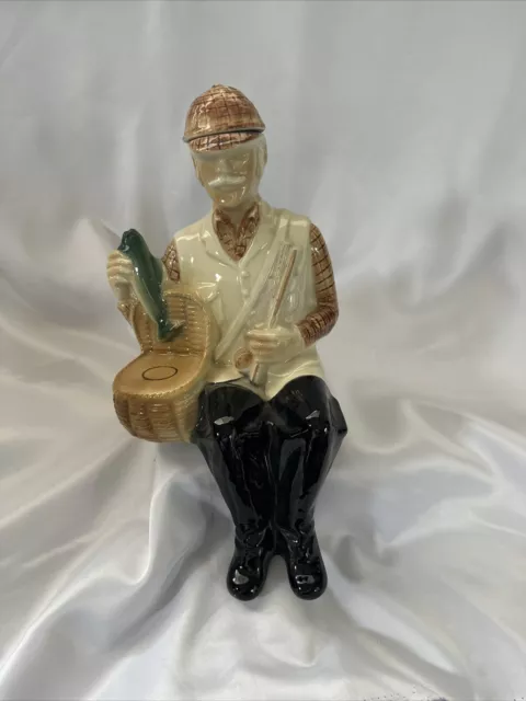 Ballantines Liquor Whisky Bottle. Ceramic Fly Fisherman. 1969 #185 Vintage Bar