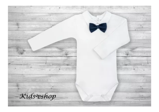 Baby Boy White Smart Polo Bodysuit with Collar Bowtie Long Sleeve Cotton