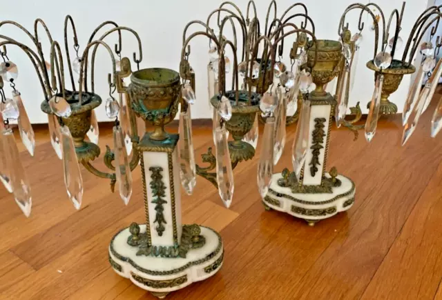 1800's antique 2 GIRANDOLE crystal marble candle stick vtg Victorian candelabra