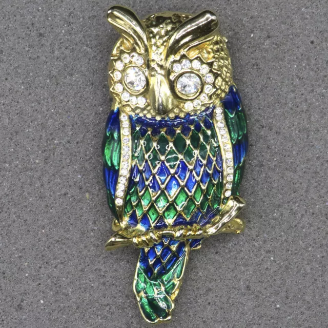 Vintage Owl Brooch Pin Blue Green Enamel Clear Rhinestones Gold Tone - SPARKLY!!