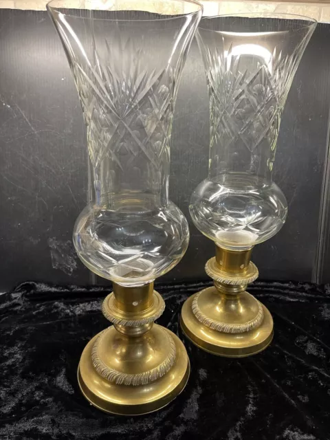 ANTIQUE BRASS MANTLE CANDLE HOLDERS/BEAUTIFUL ETCHED GLOBES 15” tall