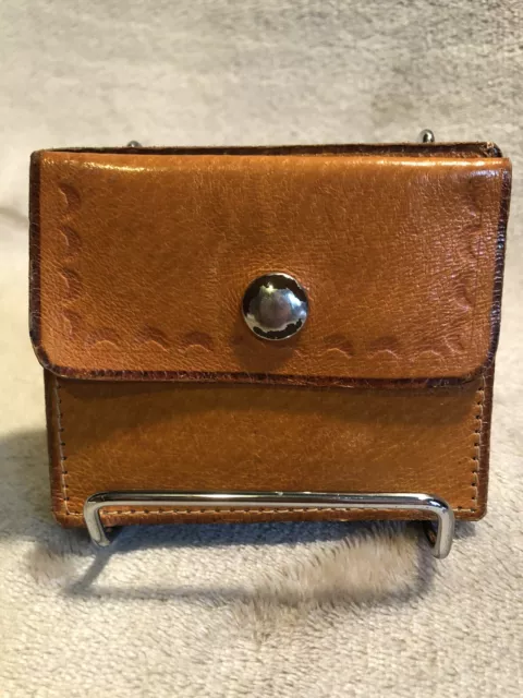 Vtg Leather Double Pocket Stamped Wallet  BiFold Hearts Camel Brown Western