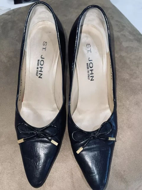 St. John Black Leather Bow Tie Block Heel Pumps Made In Italy Gentle Use Sz 7.5B