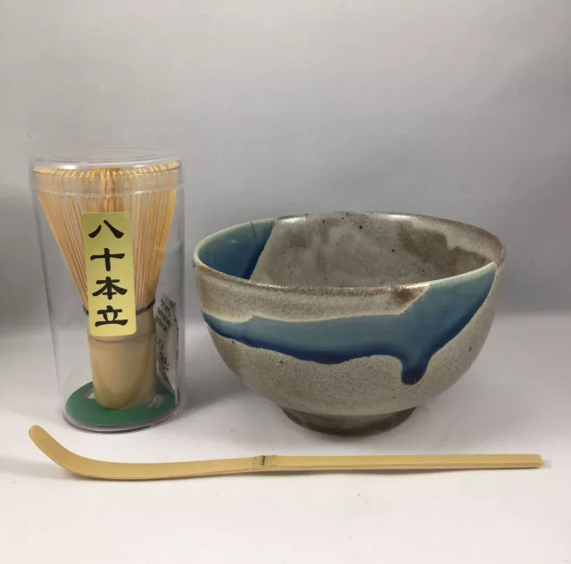 Japanese Tea Ceremony Matcha Bowl Scoop 80 Whisk Gift Set AOKAZE, Made in Japan
