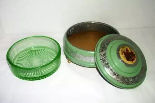 Art Deco Powder Box Jar Uranium Glass Glowing Jade Green Enamel Frenchman Cameo