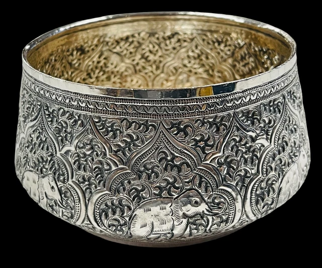 Antique Sterling Silver Asian Burmese Thai Repousee Food Bowl Animal Elephants