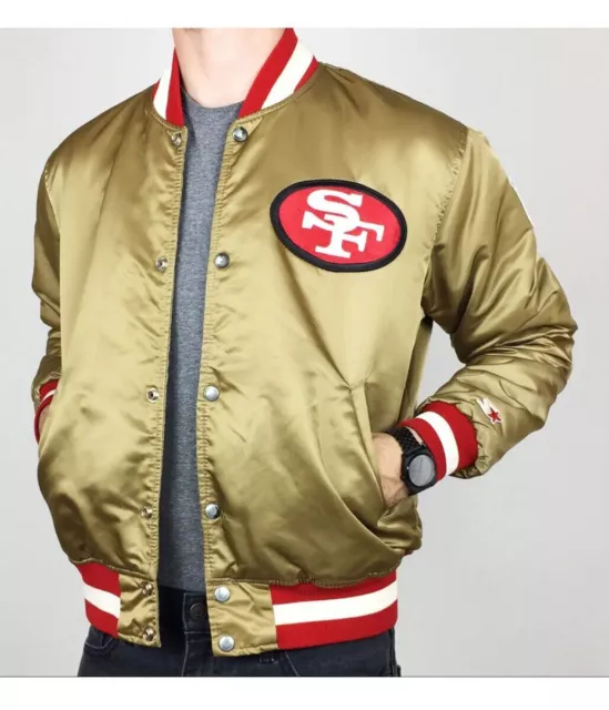 Mens San Francisco 49ers 80s Bomber Vintage Gold Satin Varsity Jacket - Limited