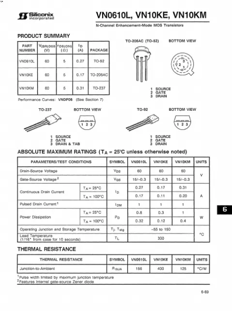 10 x Siliconix VN10KM  N-Channel Enhancement Mode MOS Transistor TO-237 Package 3