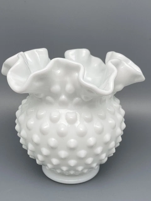 Vintage 4-1/4 Inch Fenton Hobnail White Milk Glass Ruffled Vase Marked