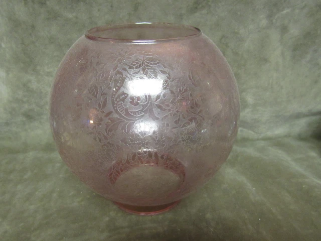 Vintage Cranberry Stained Clear Glass Ornate Floral Etched Ball Lamp Shade Globe
