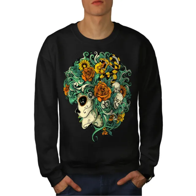 Wellcoda Beautiful Flower Skull Mens Sweatshirt,  Casual Pullover Jumper