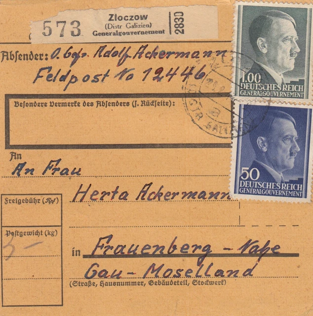 GG Inlandspaketkarte Zloczow, Feldpost 12446 Einlieferer nach Frauenberg
