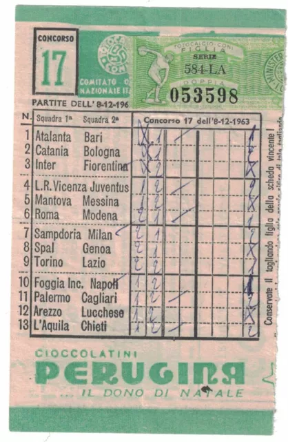 Schedina Totocalcio Coni pubblicità Perugina anno 1963/1964 n. 17             B