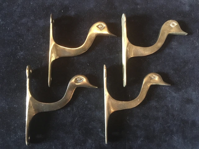 Set of 4 Vintage Solid Forged ￼Brass Duck Head Hat Coat Hanger Curtain Rod Hook 3