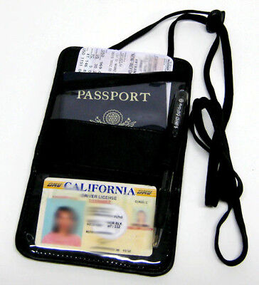 Black Leather Passport Neck Strap ID Holder Wallet Travel Organizer U.S Seller