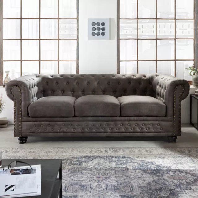 Chesterfield 3er Sofa 205cm vintage Grau Beige Federkern 3-Sitzer Polster Couch