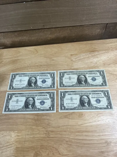 Lot Of 4 Uncirculated Silver Certificate Blue Seal One Dollar Bills 1935-1957