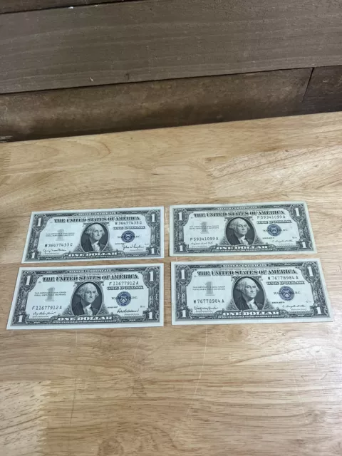Lot Of 4 Uncirculated Silver Certificate Blue Seal One Dollar Bills 1935-1957