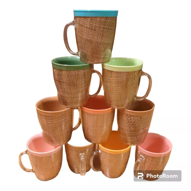 Raffia Ware Woven Burlap Thermo Temp Coffee Mugs Cups Set Of 10 Vintage