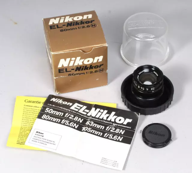 Nikon El-Nikkor 50Mm F/2.8 N Enlarging Lens W In Box W Bubble Case, Flange, Cap