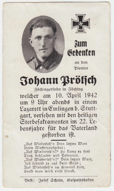 STERBEBILD DEATH Card WW2 DEUTSCHLAND 1942 Lazarett ESSLINGEN bei
