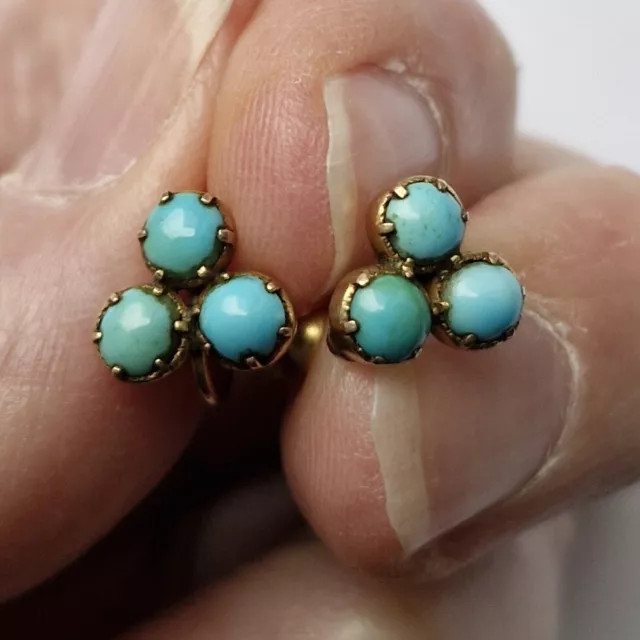 Antique Victorian 9ct 9k Gold Turquoise Earrings Screw