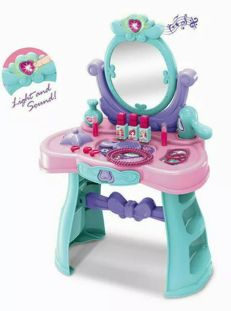 Girls Blue Vanity Table Kids Dressing Mirror Make Up Desk Toy Play Set