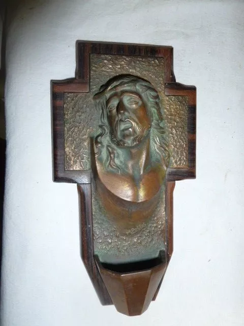 Ancienne Croix Bénitier en Bronze et Palissandre Signé  M .Pollet