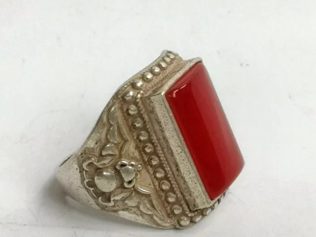 Old Collection Chinese Tibet Silver Handmade Inlay Jade Ring Ornaments Gift
