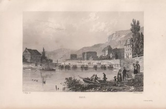 c1850 Bad Ems Rheinland-Pfalz Lahn Brücke Stahlstich-Ansicht