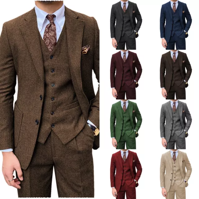 Mens 3 Piece Suit Tweed Herringbone Groom Tuxedos Blazer+Vest+Pants 42 44 46 48