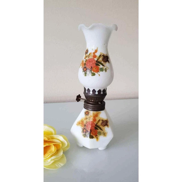 Vintage White kerosene lamp with flower bouquet design