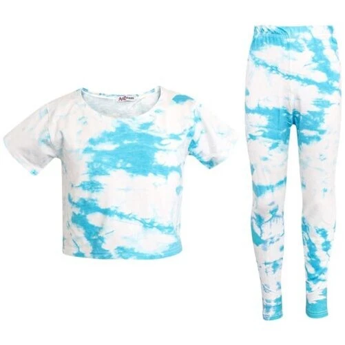 Bambine Top Corto & Legging Blu Stampa Moda Estate Completo Set 5-13