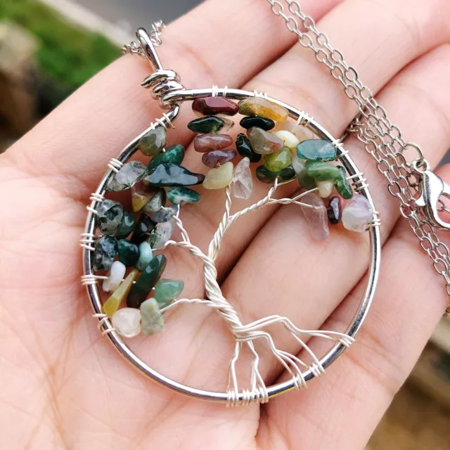 Natural Indian Agate Gems Tree Of Life Necklace Chakra Reiki Healing Amulet