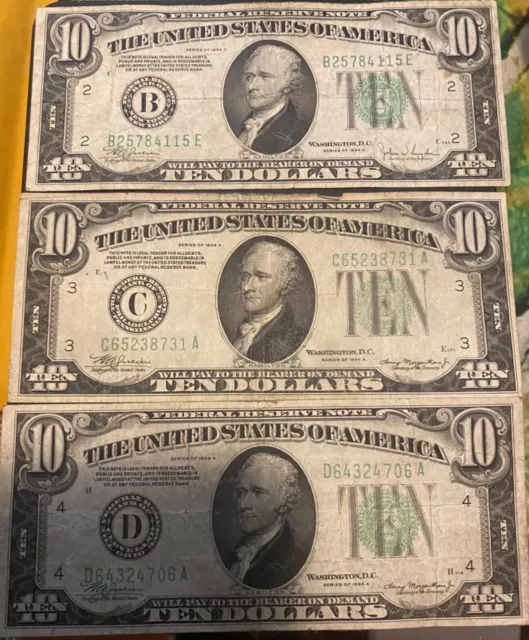 1934-A & 1934-C $10 Ten Dollar Bill Green Seal Circulated Federal Reserve Notes
