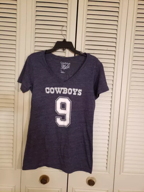 Dallas Cowboys Her Style Tony Romo Blue V Neck T-shirt Metallic Womens Sz Large