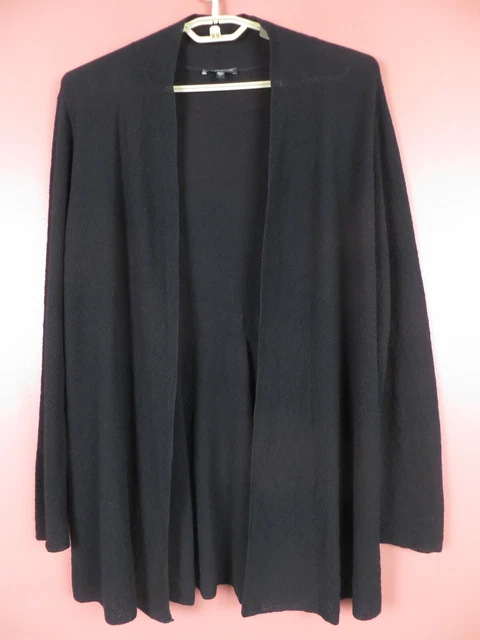 EILEEN FISHER Women Textured Thin Stretch 100% Wool Open Front Cardigan Black L