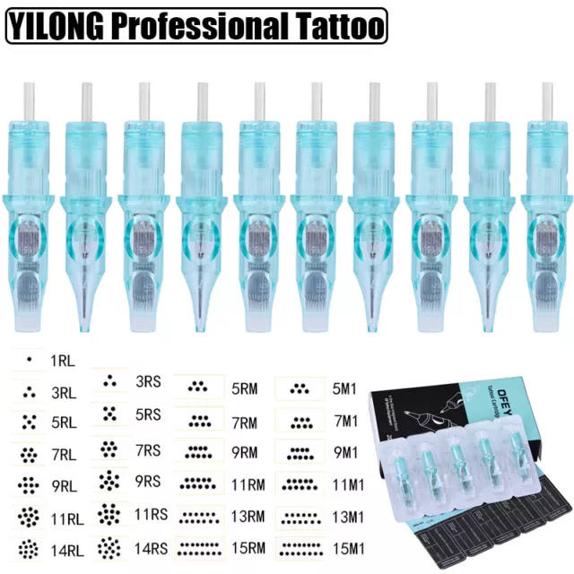 10-100Pcs YILONG Professional Blue Tattoo Cartridge Needles Sterile RL RS RM M1