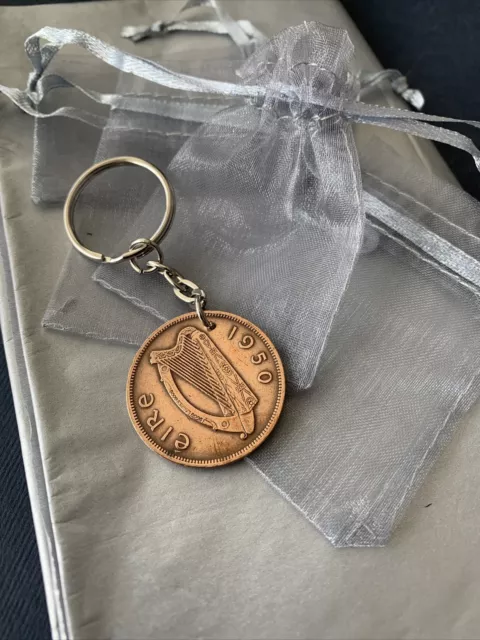 Coin Keyring Old Irish Penny 1950 Harp, Hen & Chicks With Gift Wrap & Bag