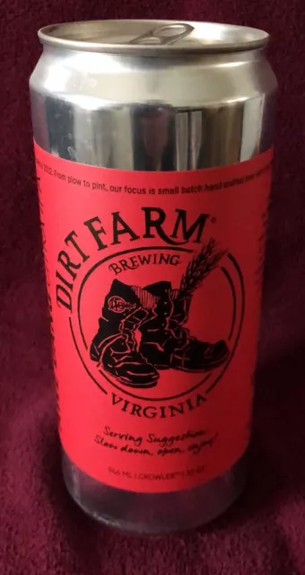 Dirt Farm Brewing, Bluemont VA, 32 Oz Growler Beer Can