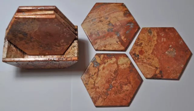 Hand Carved Red Travertine Hexagonal Coasters, 6 Piece Set With Holder