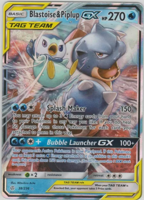 ULTRA RARE Blastoise & Piplup GX Tag Team 38/236 Pokemon Cosmic Eclipse Holo- LP