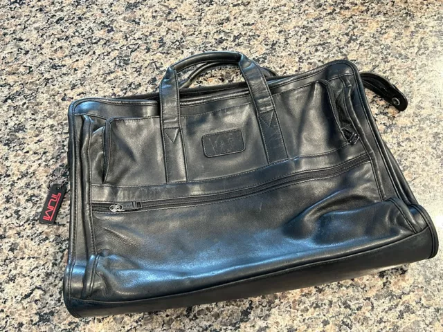 TUMI Black Leather Messenger Laptop Briefcase Bag No Shoulder Strap
